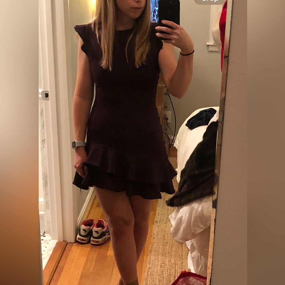Form-fitting Purple Cocktail Dress with Ruffle Sleeves and Skirt  Details